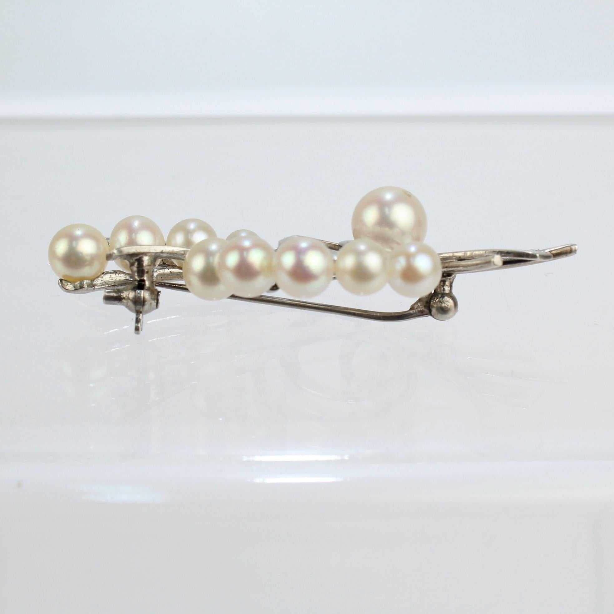 Modern Vintage Mikimoto Akoya Cultured Pearl and Sterling Silver Brooch or Pin For Sale