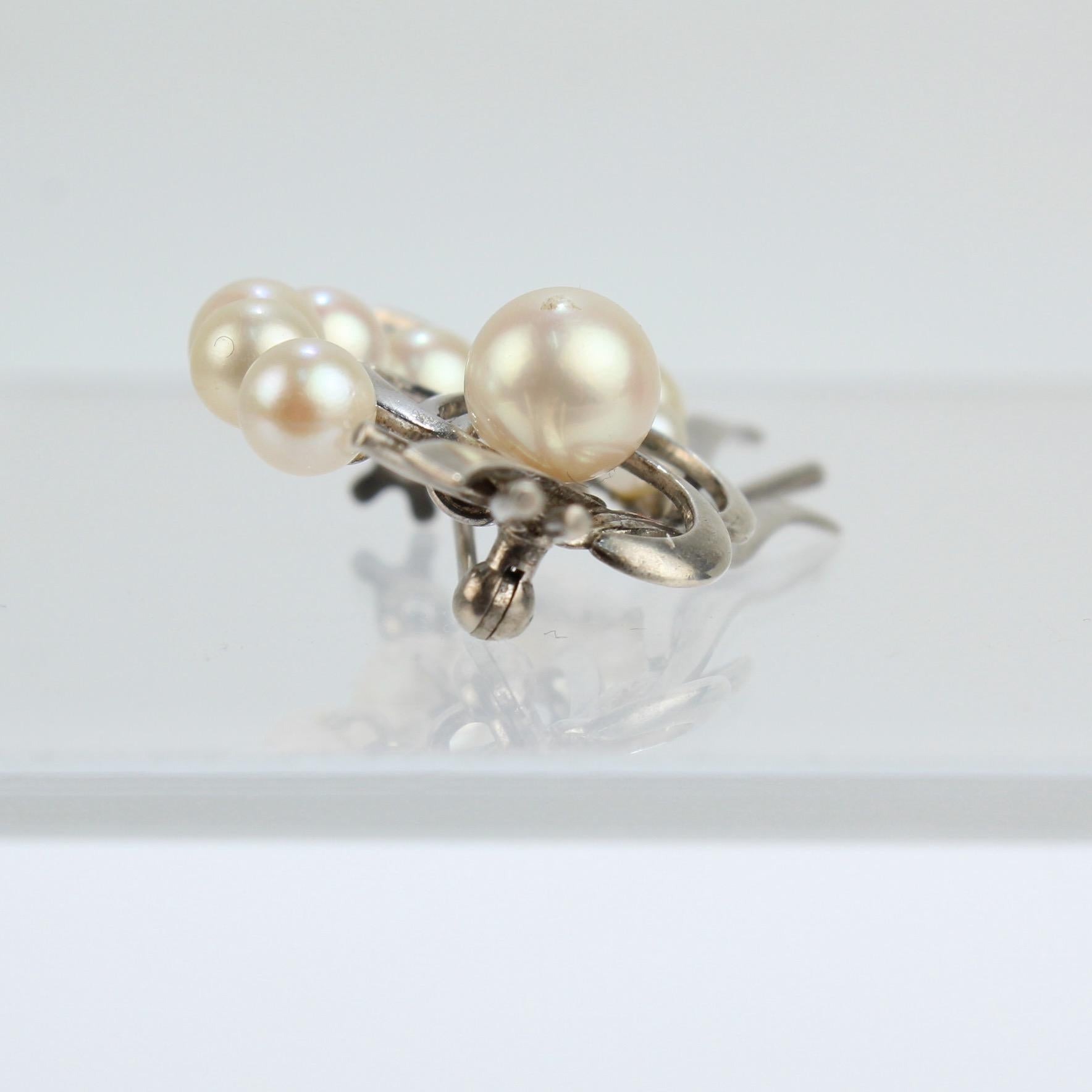 Round Cut Vintage Mikimoto Akoya Cultured Pearl and Sterling Silver Brooch or Pin For Sale
