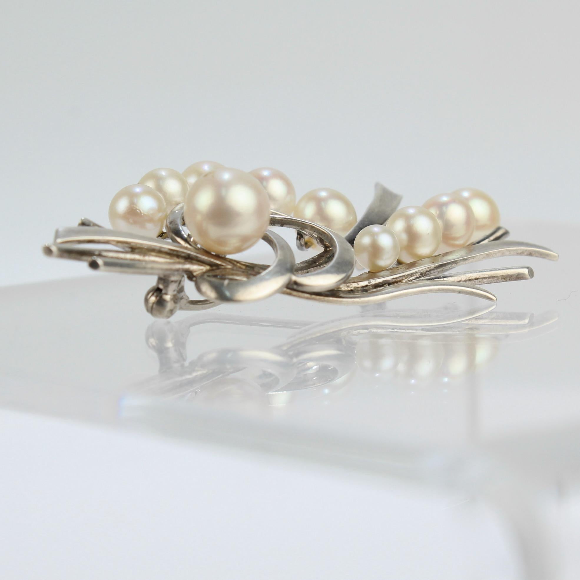 Vintage Mikimoto Akoya Cultured Pearl and Sterling Silver Brooch or Pin In Good Condition For Sale In Philadelphia, PA