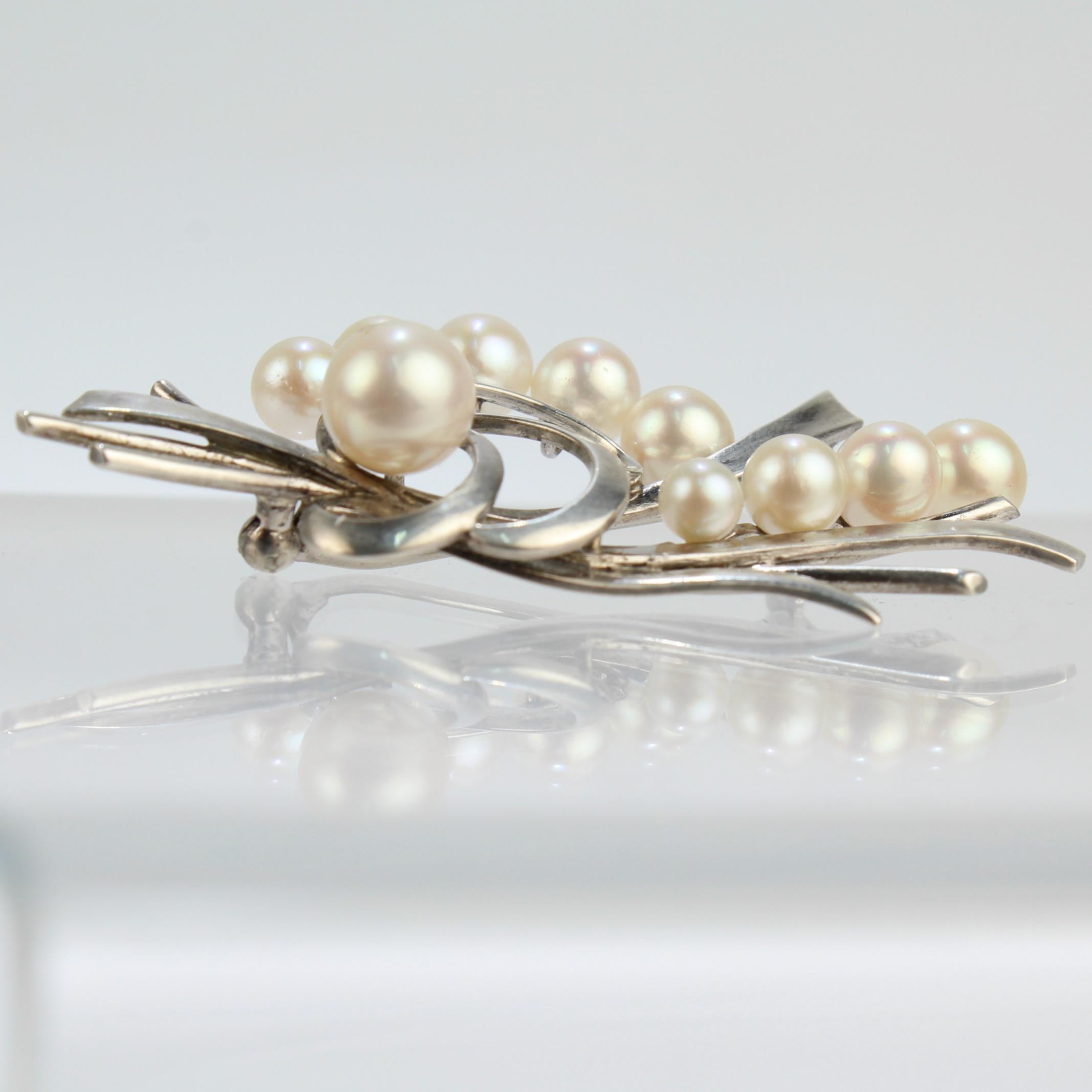 Women's or Men's Vintage Mikimoto Akoya Cultured Pearl and Sterling Silver Brooch or Pin For Sale