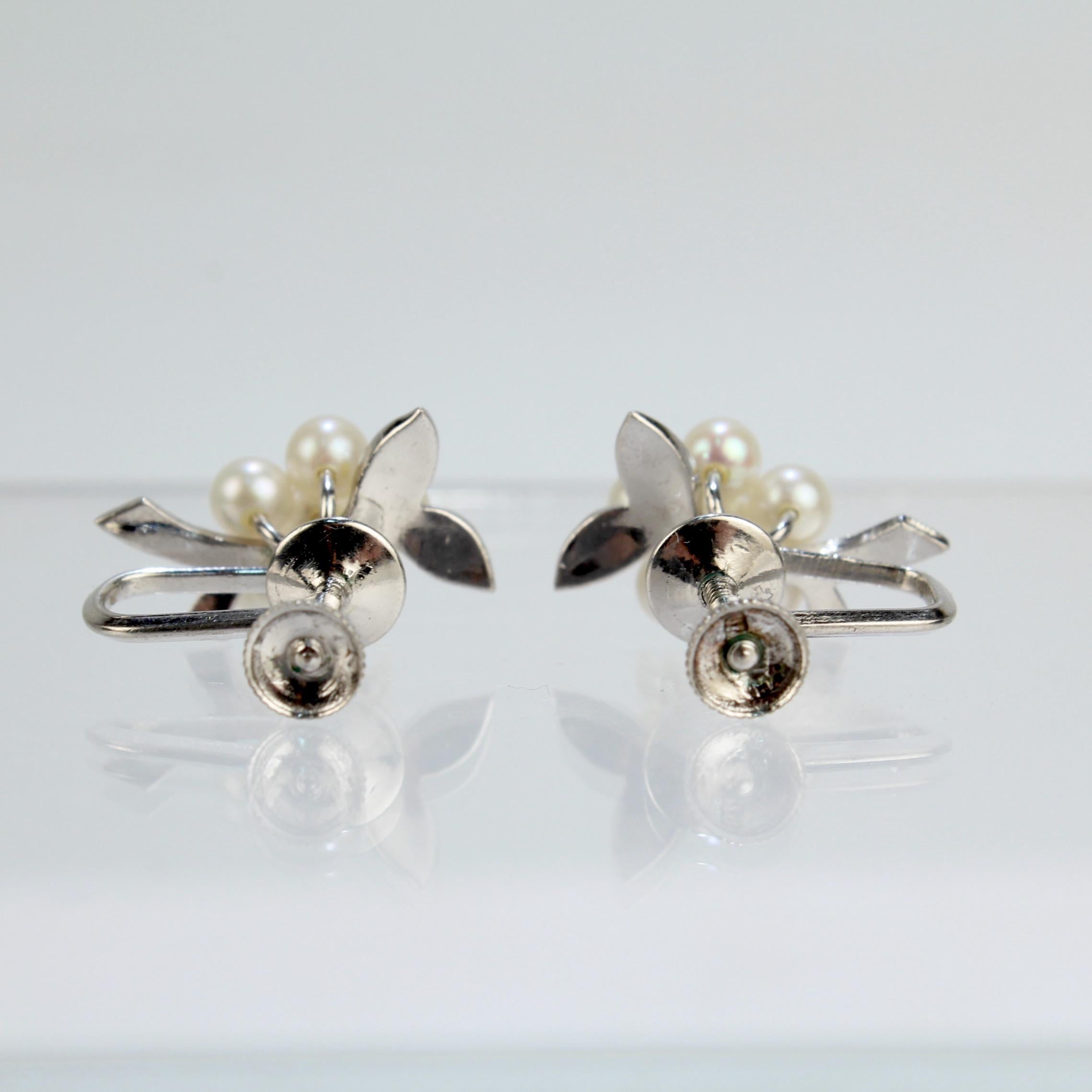 Edwardian Vintage Mikimoto Akoya Cultured Pearl & Sterling Silver Screw Back Earrings