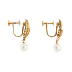 Vintage Mikimoto Akoya Pearl and Diamond Feather Earrings in Yellow Gold