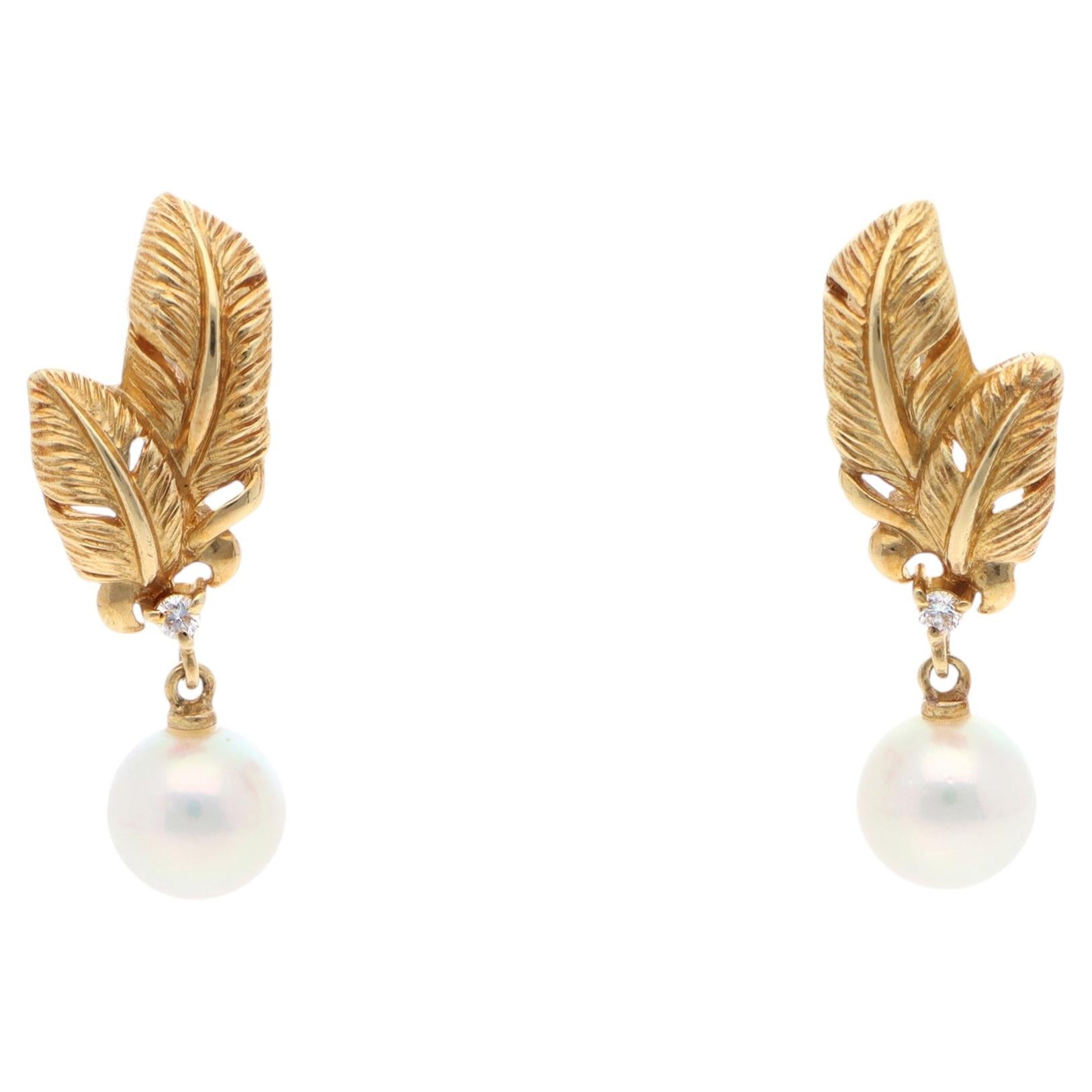 Pre-owned Mikimoto Vintage  Akoya Pearl And Diamond Feather Earrings In Yellow Gold