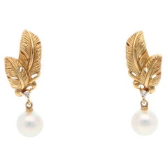Vintage Mikimoto Akoya Pearl and Diamond Feather Earrings in Yellow Gold