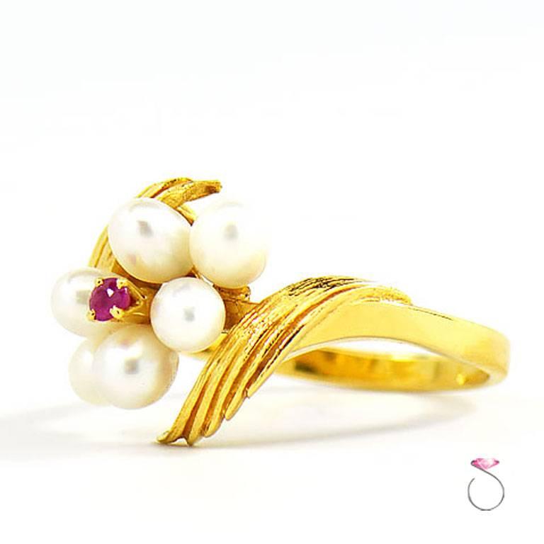 Round Cut Vintage Mikimoto Akoya Pearl and Ruby Ring in 18 Karat