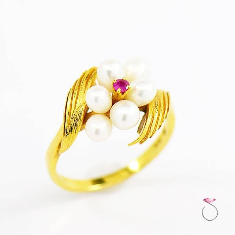 Women's Vintage Mikimoto Akoya Pearl and Ruby Ring in 18 Karat