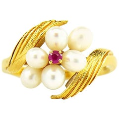 Used Mikimoto Akoya Pearl and Ruby Ring in 18 Karat