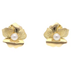 Vintage Mikimoto Akoya Pearl Flower Earrings in Yellow Gold