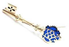 Vintage Mikimoto Blue Enamel Yellow Gold Key Brooch Pin