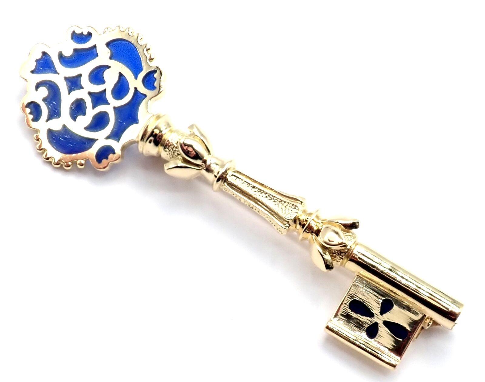 Vintage Mikimoto Blue Enamel Yellow Gold Key Brooch Pin In Excellent Condition For Sale In Holland, PA