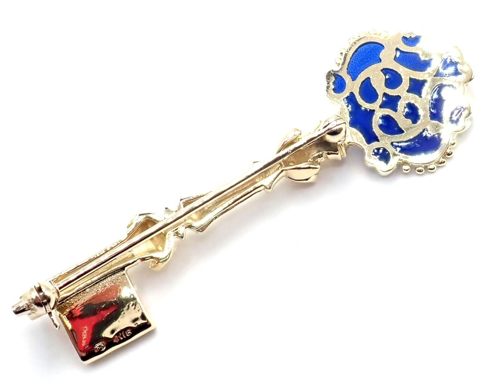 Women's or Men's Vintage Mikimoto Blue Enamel Yellow Gold Key Brooch Pin For Sale