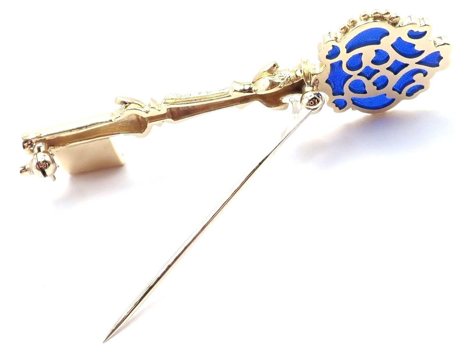 Vintage Mikimoto Blue Enamel Yellow Gold Key Brooch Pin For Sale 1