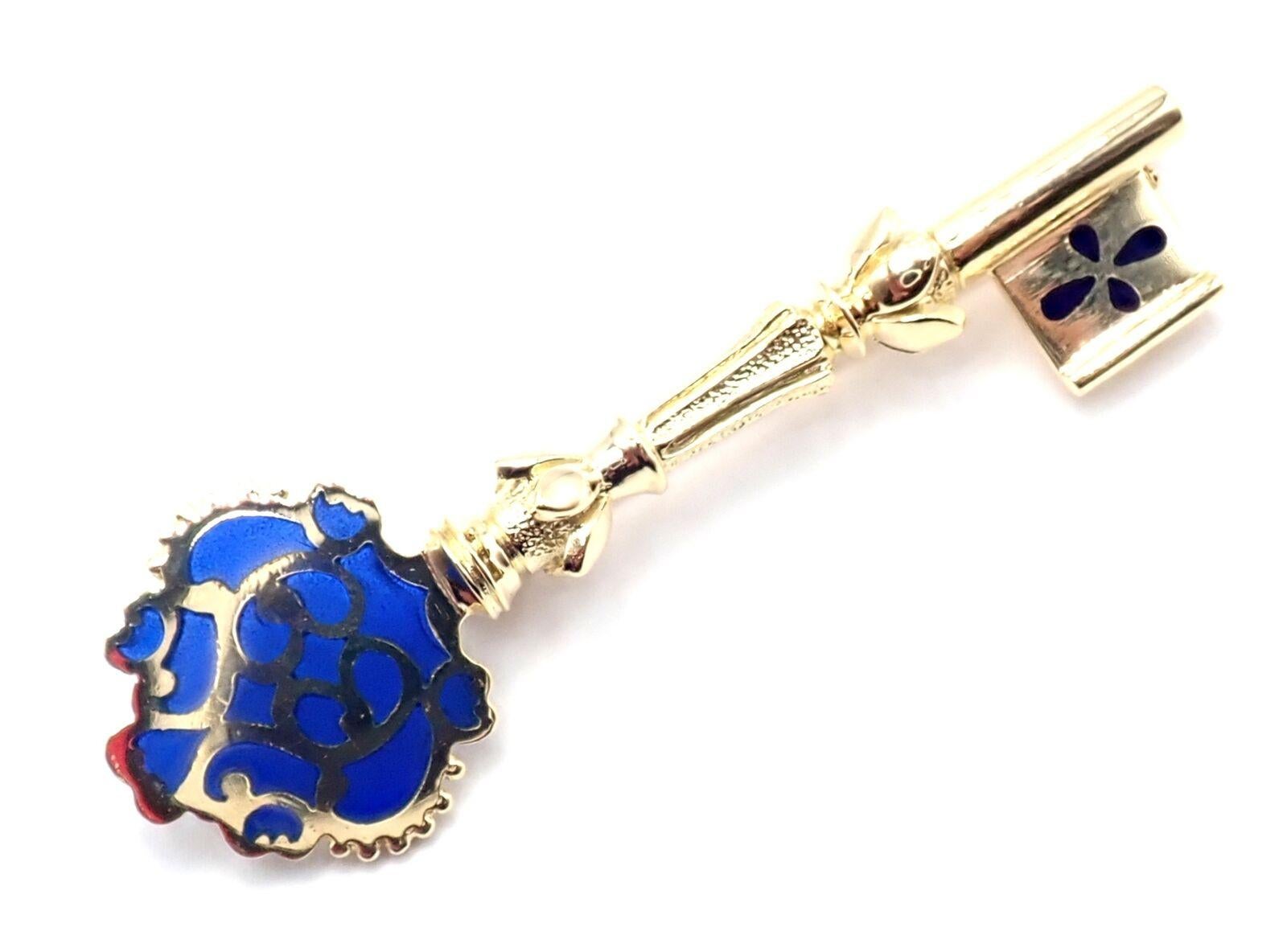 Vintage Mikimoto Blue Enamel Yellow Gold Key Brooch Pin For Sale 5