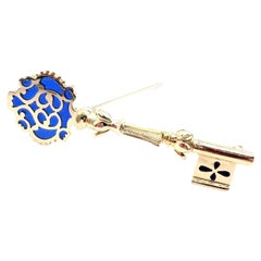 Vintage Mikimoto Blue Enamel Yellow Gold Key Brooch Pin