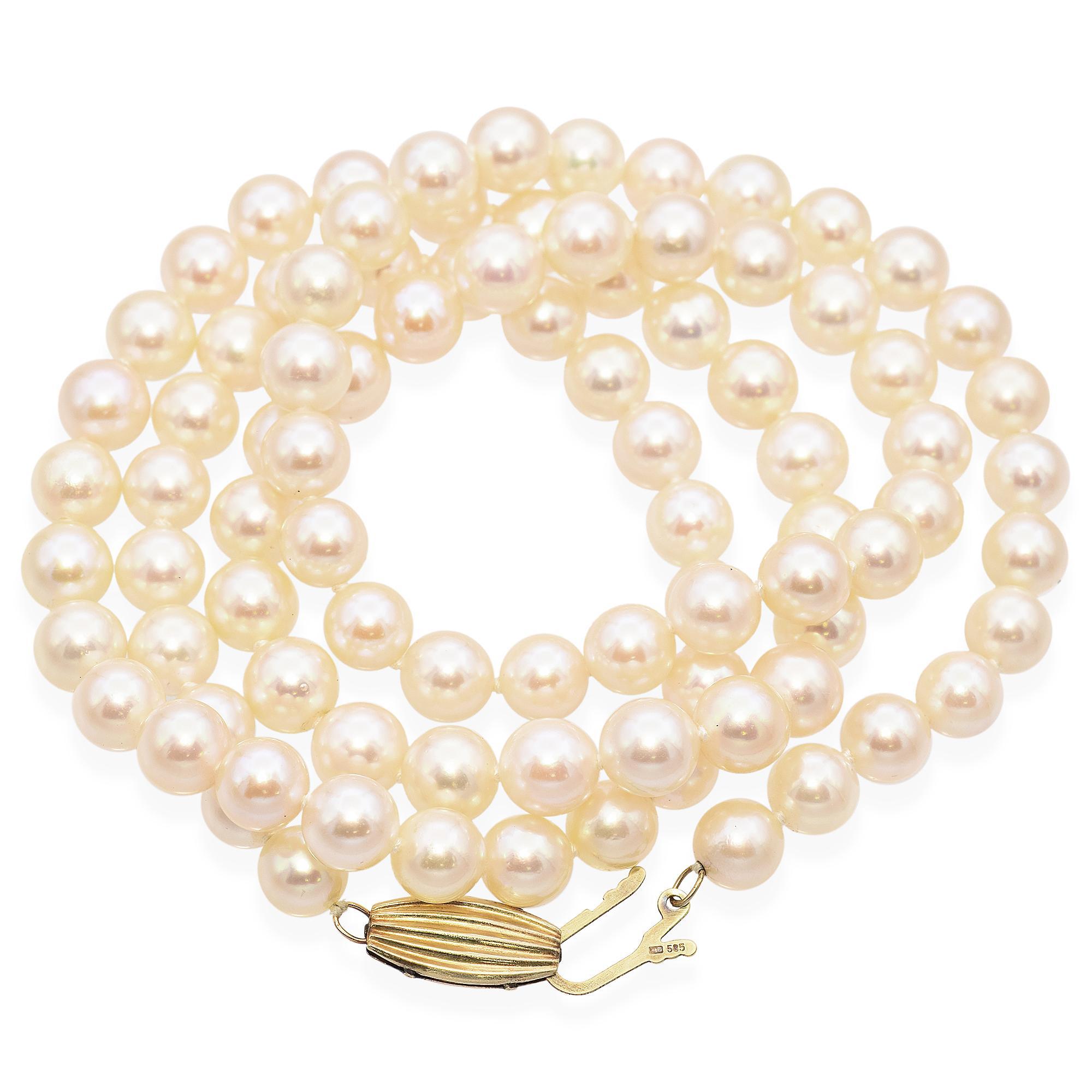 Uncut Vintage Mikimoto Blue Lagoon 14K Yellow Gold Pearl Beaded Strand Necklace For Sale