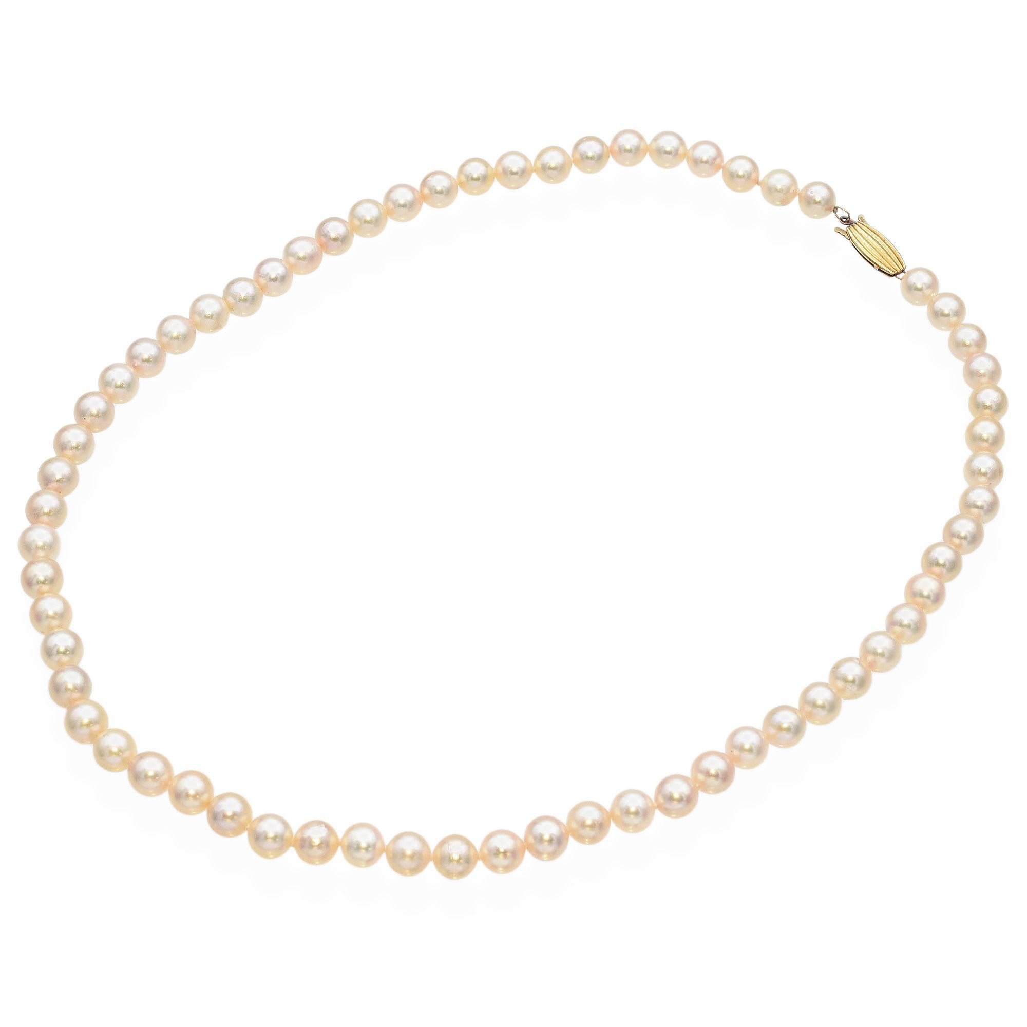 Uncut Vintage Mikimoto Blue Lagoon 14K Yellow Gold Pearl Beaded Strand Necklace For Sale