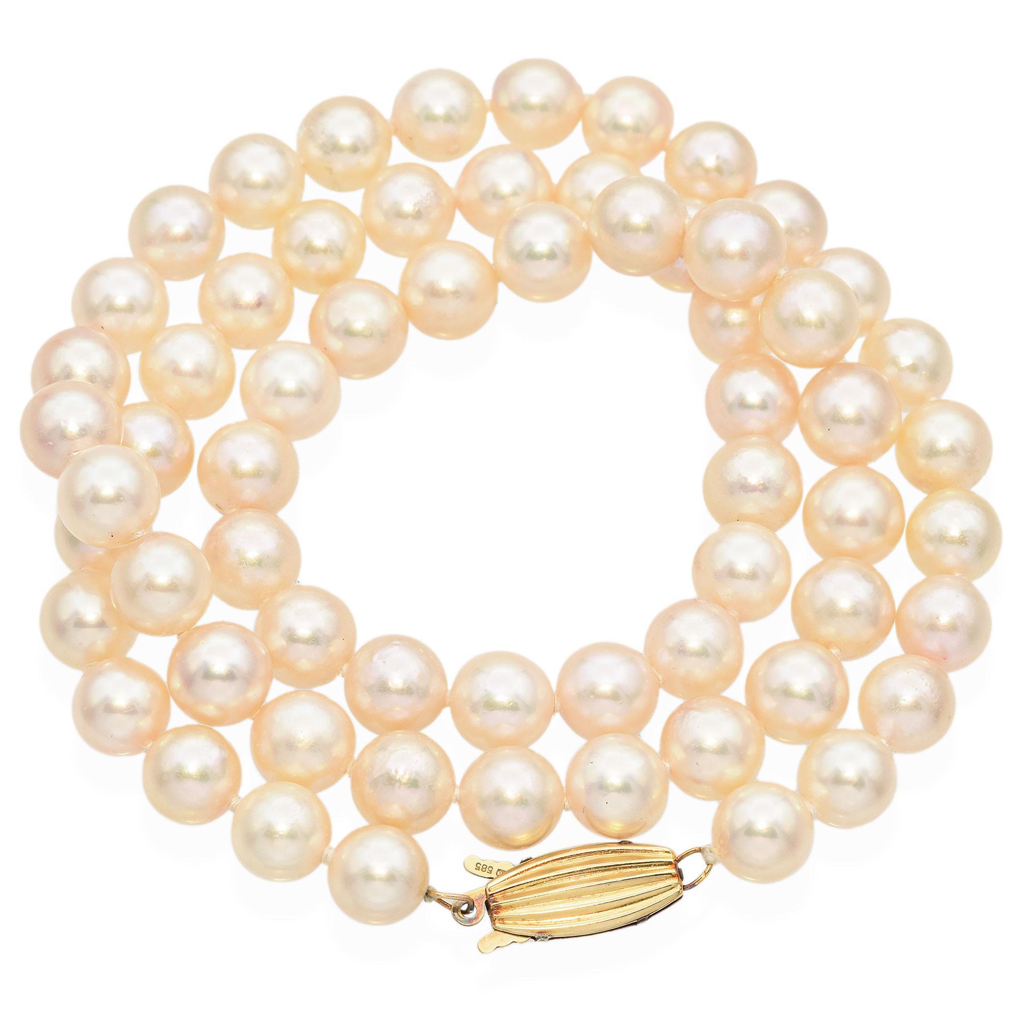 Vintage Mikimoto Blue Lagoon 14K Yellow Gold Pearl Beaded Strand Necklace In Good Condition For Sale In New York, NY