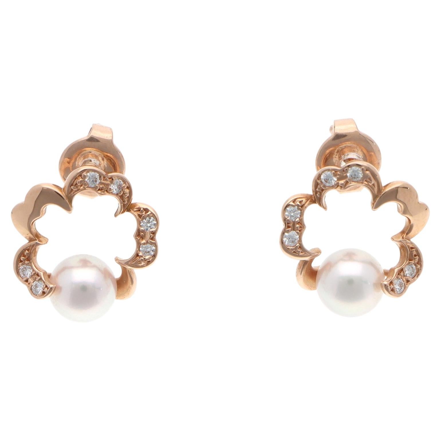 Pre-owned Mikimoto Vintage  Cherry Blossom Akoya Pearl And Diamond Earrings In Rose Gold In Red