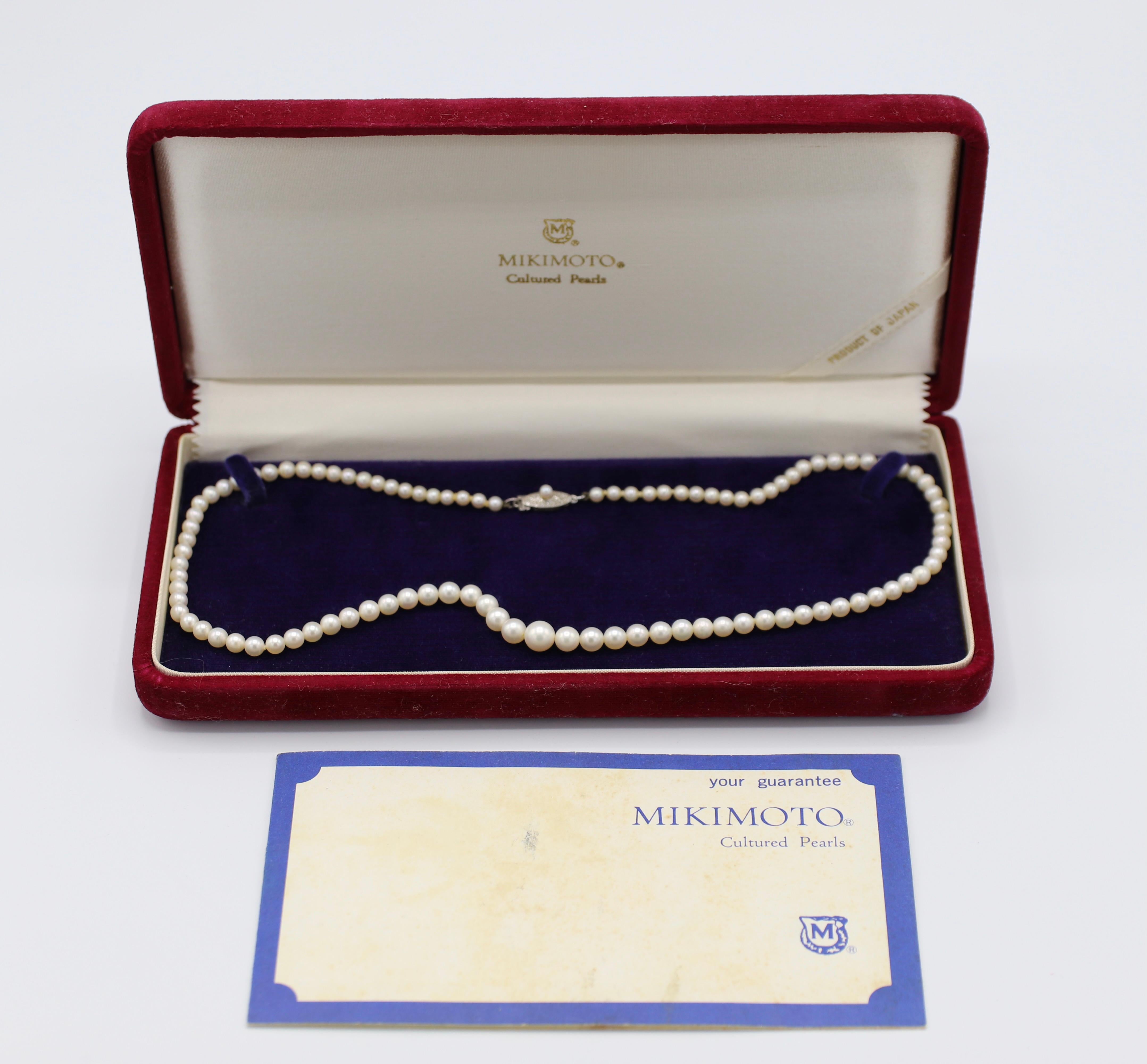 Round Cut Vintage Mikimoto Cultured Pearl Graduated Necklace Sterling Silver Clasp