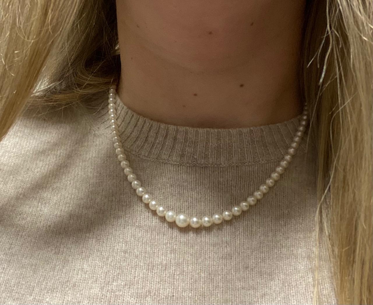 Women's or Men's Vintage Mikimoto Cultured Pearl Graduated Necklace Sterling Silver Clasp