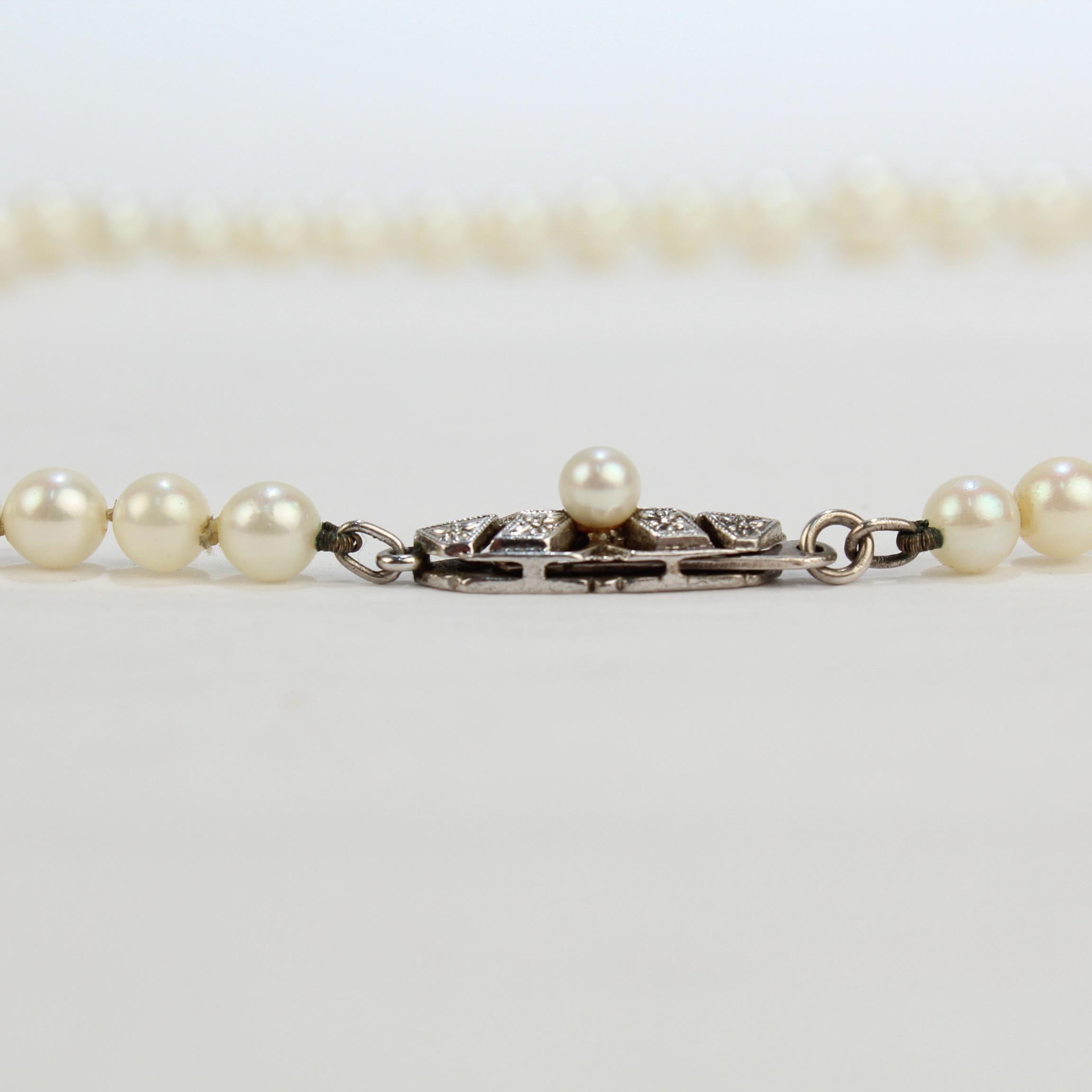 Edwardian Vintage Mikimoto Graduated Akoya Cultured Pearl Necklace with Silver Clasp