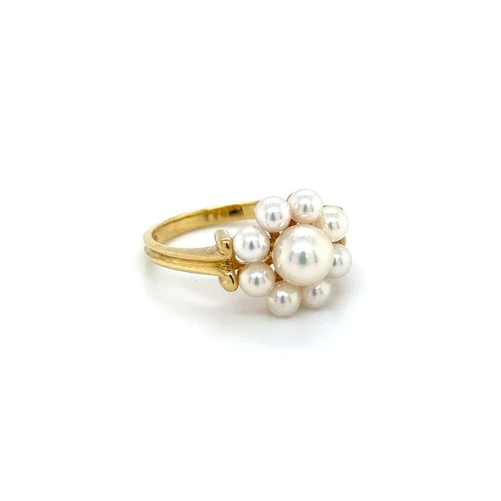 Simply Beautiful! Vintage MIKIMOTO Pearl Cluster Gold Cocktail Ring. Securely Hand set with 9 MIKIMOTO Pearls. Ring size 6.75, we offer ring resizing. Approx. dimensions: 1.00