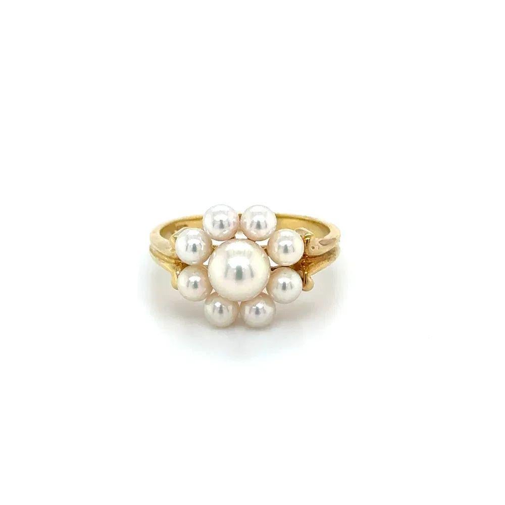 Round Cut Vintage MIKIMOTO Pearl and Gold Cluster Ring For Sale