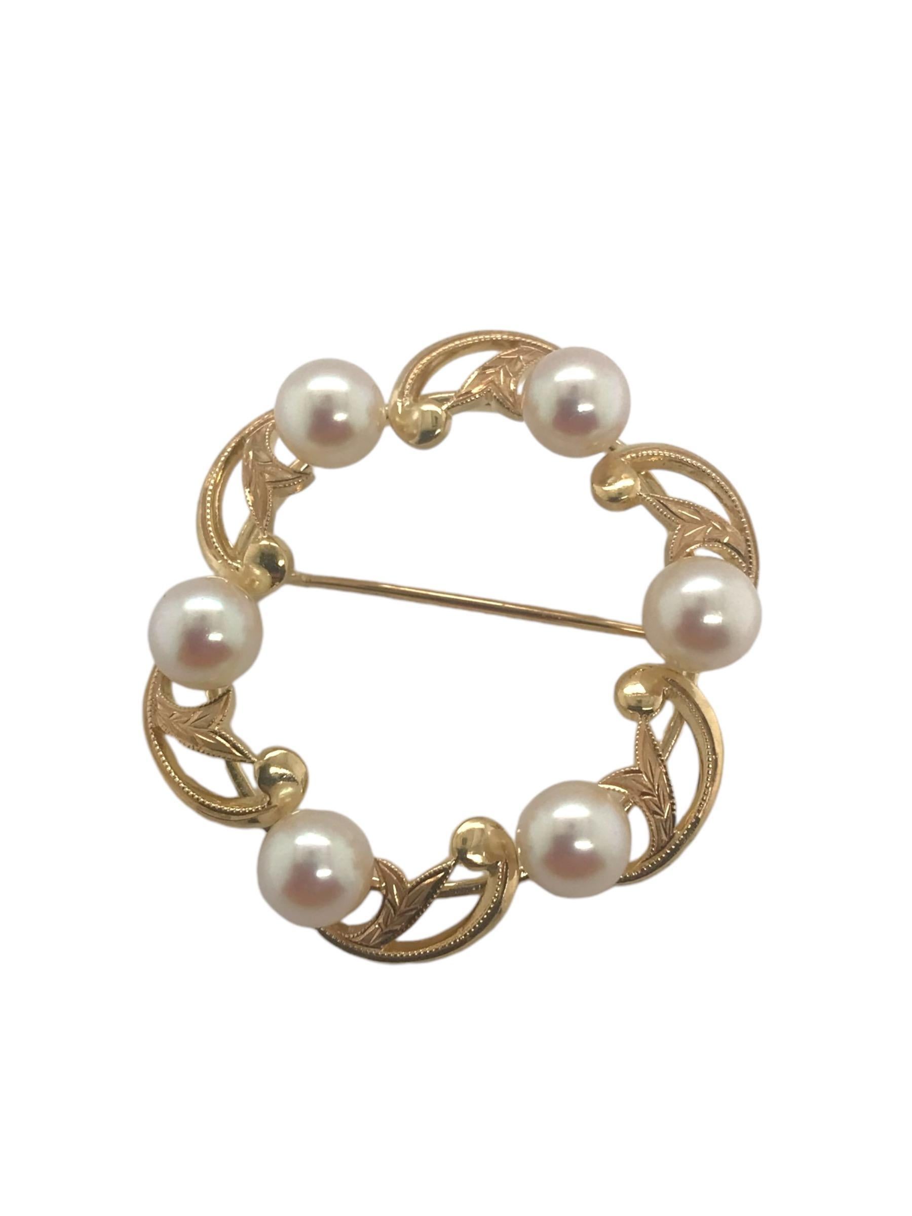 Bead Vintage Mikimoto Pearl Brooch 14K Yellow Gold