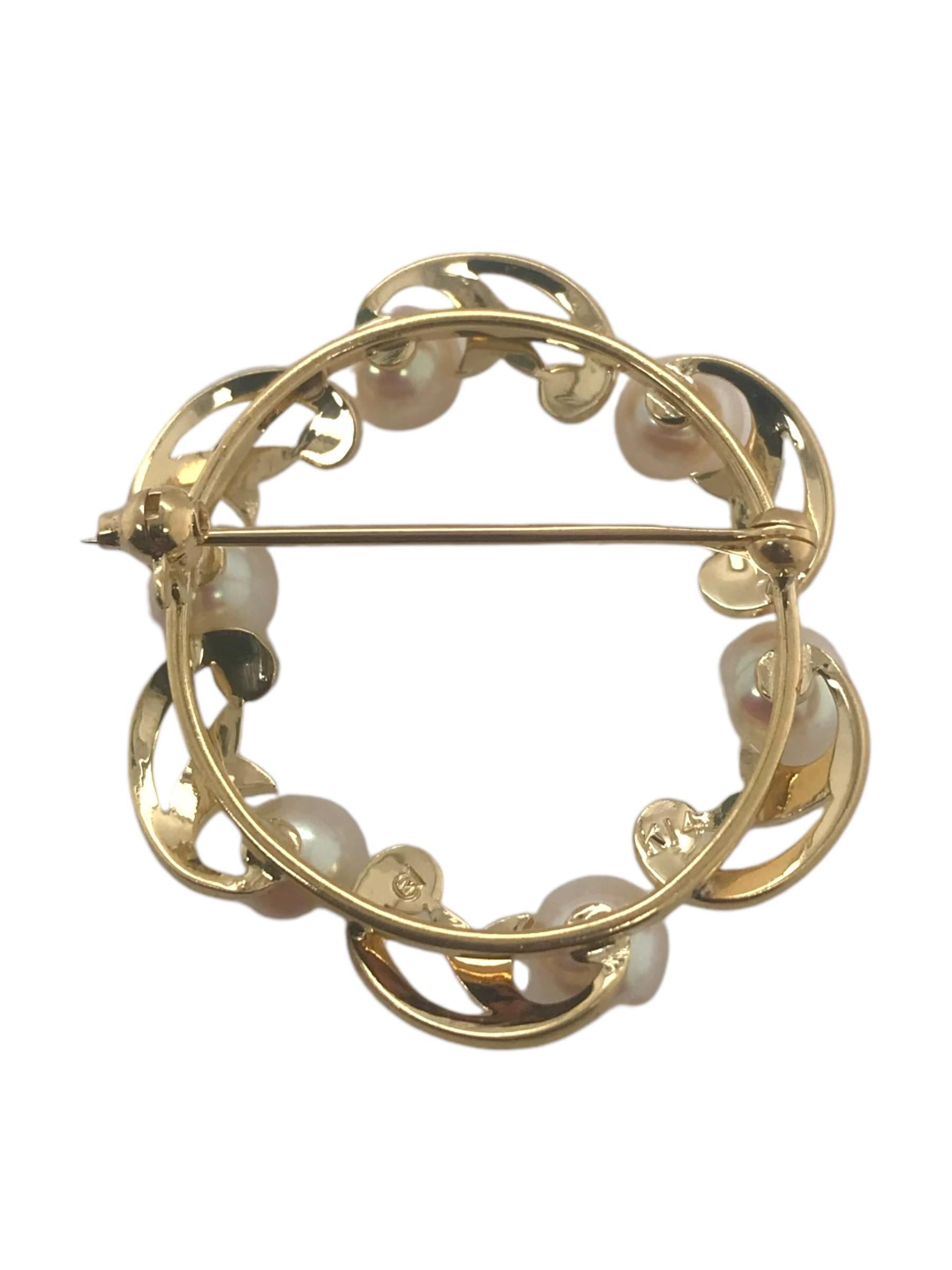 Women's Vintage Mikimoto Pearl Brooch 14K Yellow Gold