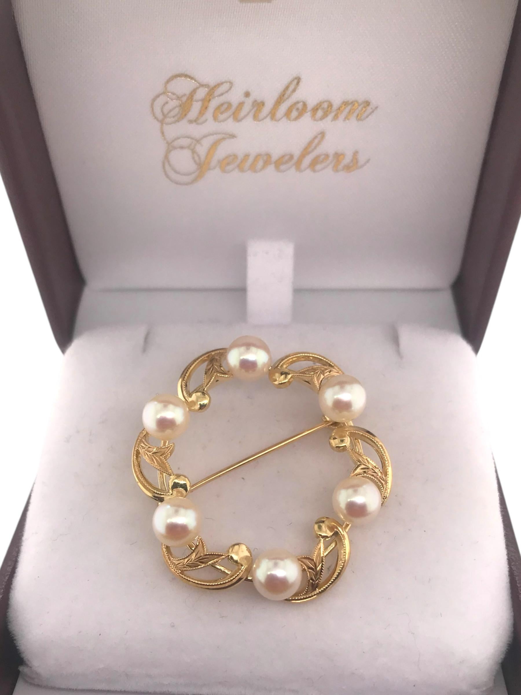 Vintage Mikimoto Pearl Brooch 14K Yellow Gold 2