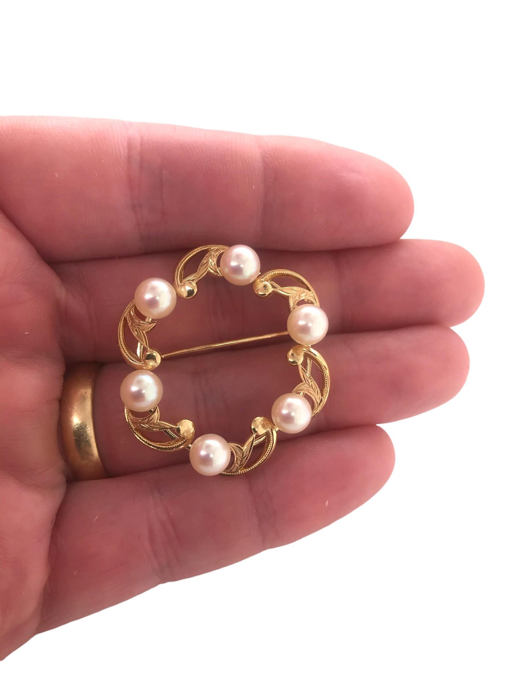 Vintage Mikimoto Pearl Brooch 14K Yellow Gold 4