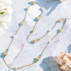 Vintage Mikimoto Pearl Yellow Gold Chalcedony Bead Long Necklace