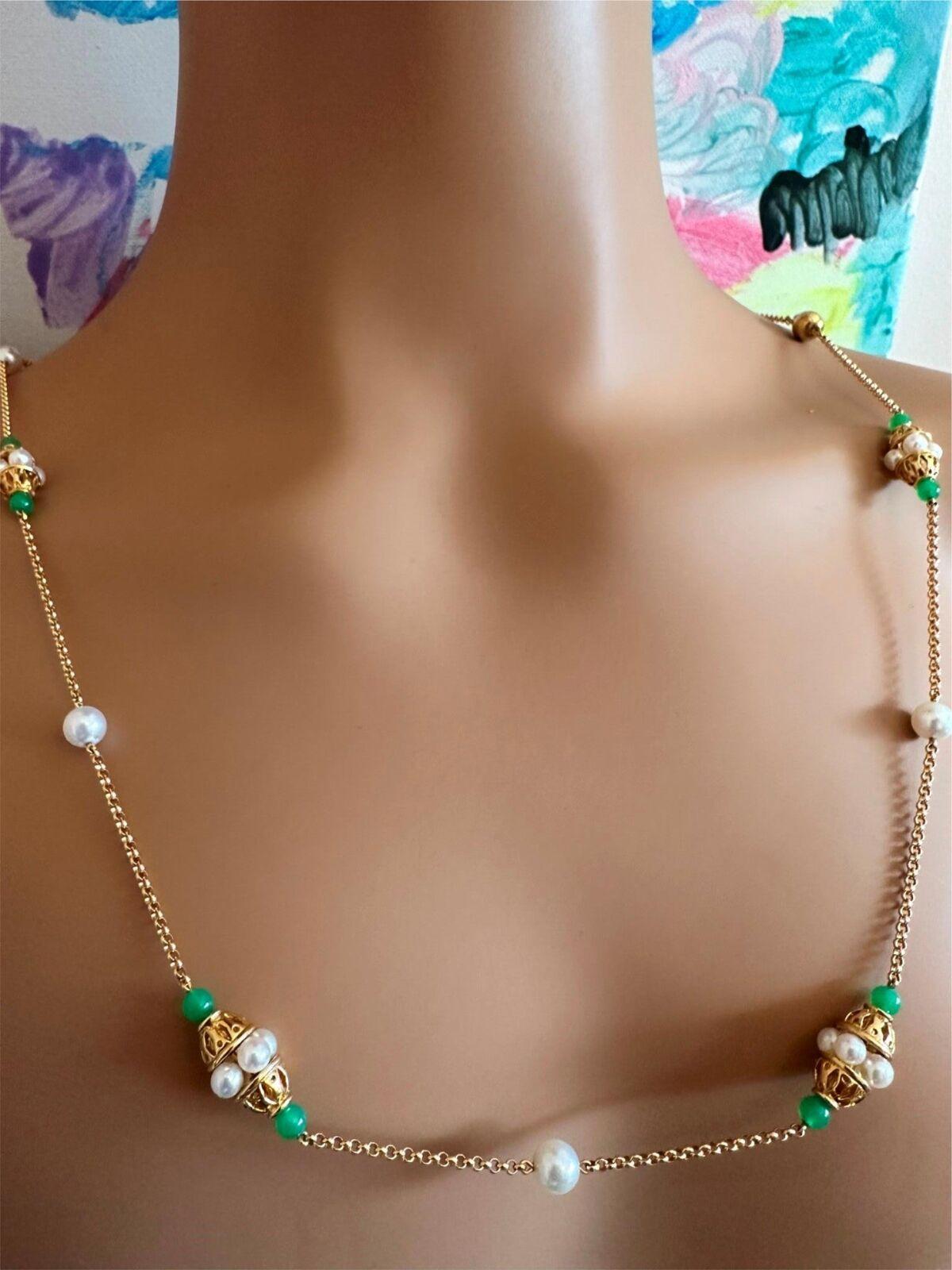 Women's or Men's Vintage Mikimoto Pearl Yellow Gold Chalcedony Bead Long Necklace For Sale