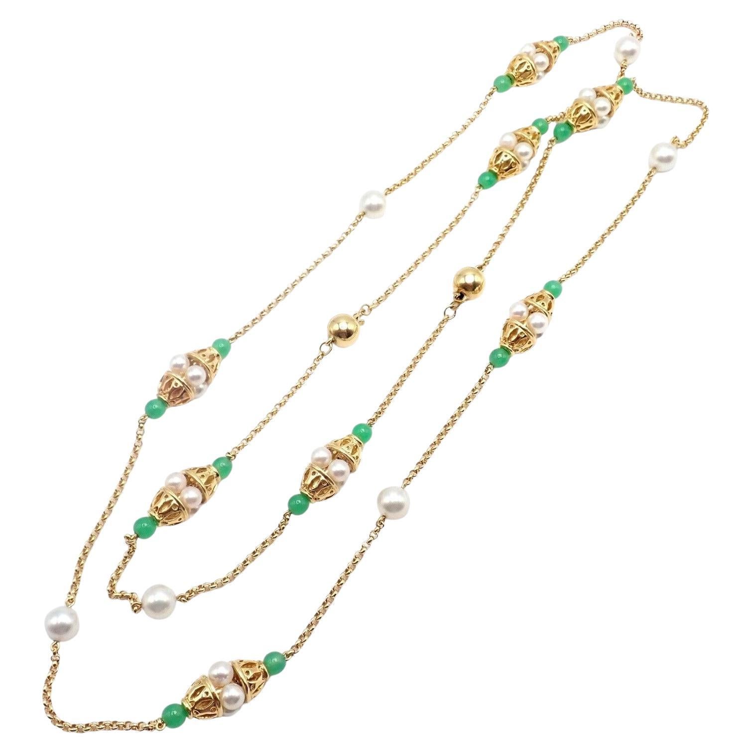 Vintage Mikimoto Pearl Yellow Gold Chalcedony Bead Long Necklace For Sale