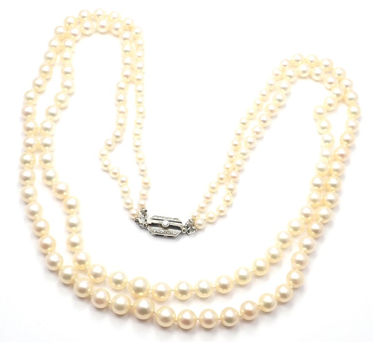 Vintage Mikimoto Platinum Diamond Graduated Pearl Double Strand