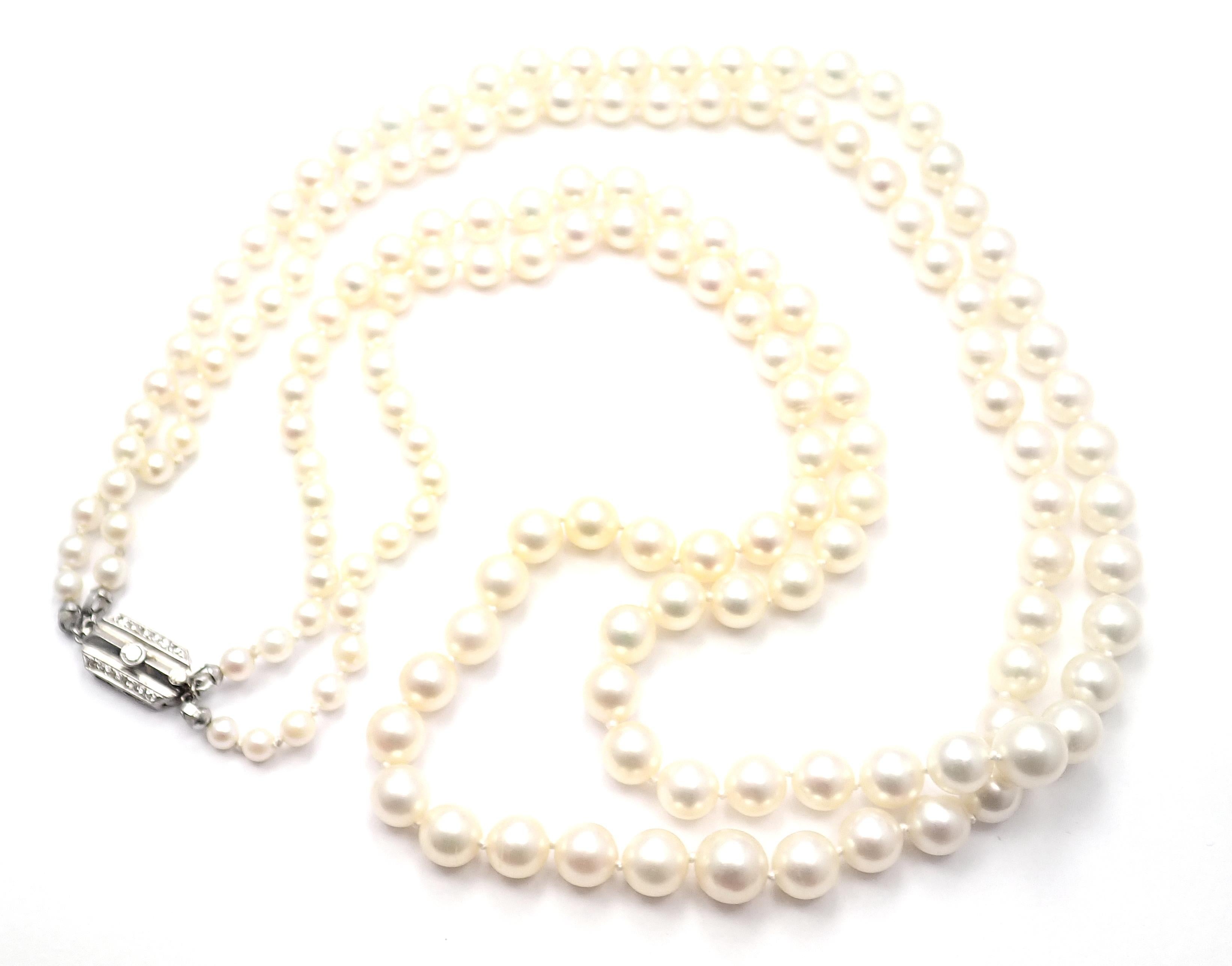 Taille brillant Vintage Mikimoto Platinum Diamond Graduated Pearl Double Strand Necklace