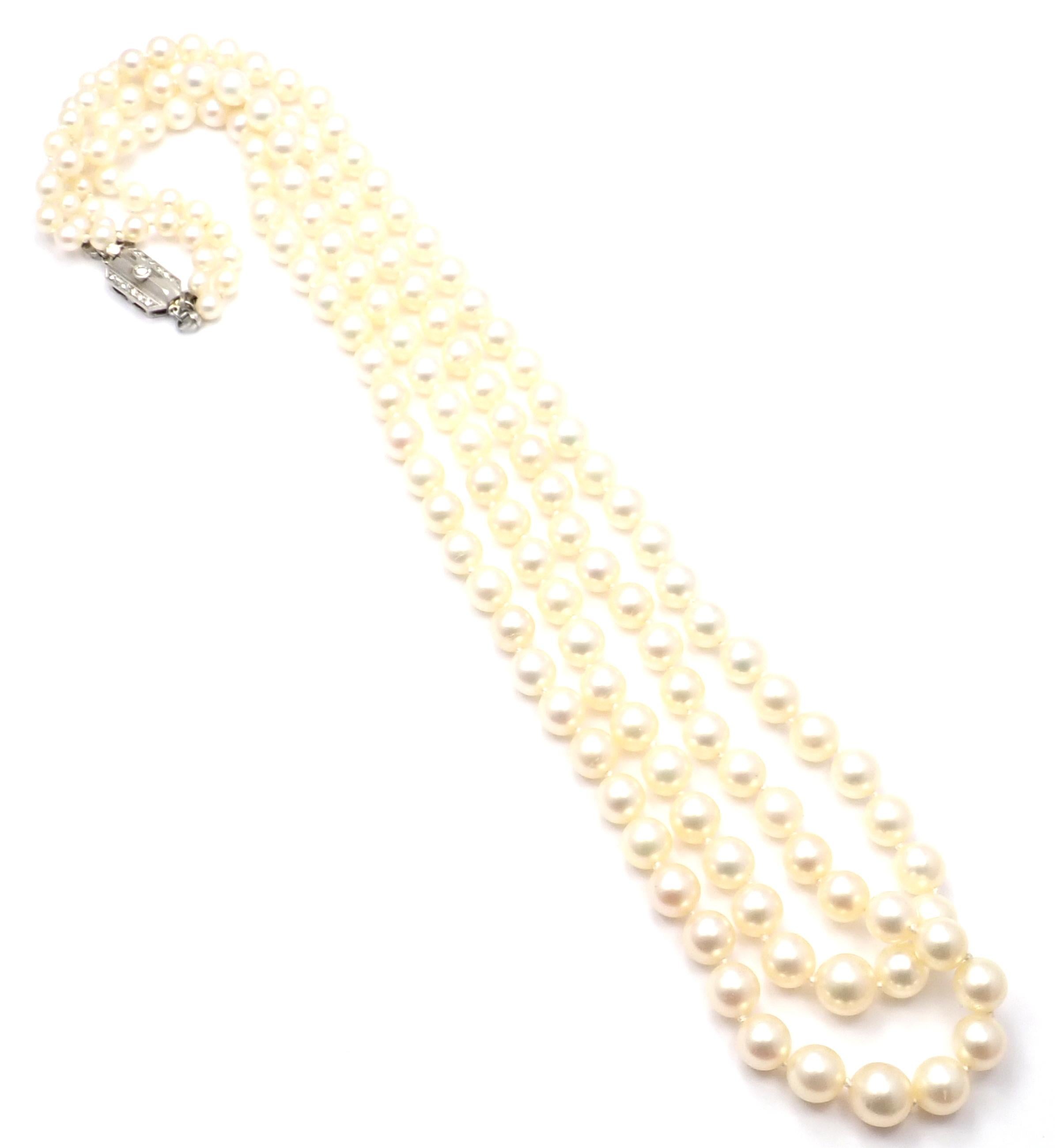 Brilliant Cut Vintage Mikimoto Platinum Diamond Graduated Pearl Double Strand Necklace