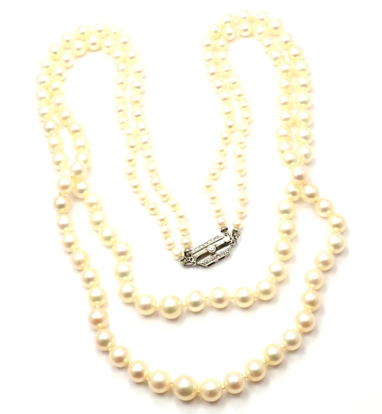 Vintage Mikimoto Platinum Diamond Graduated Pearl Double Strand