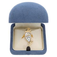 Vintage Mikimoto Shell and Diamond Dolphin Brooch in Yellow Gold