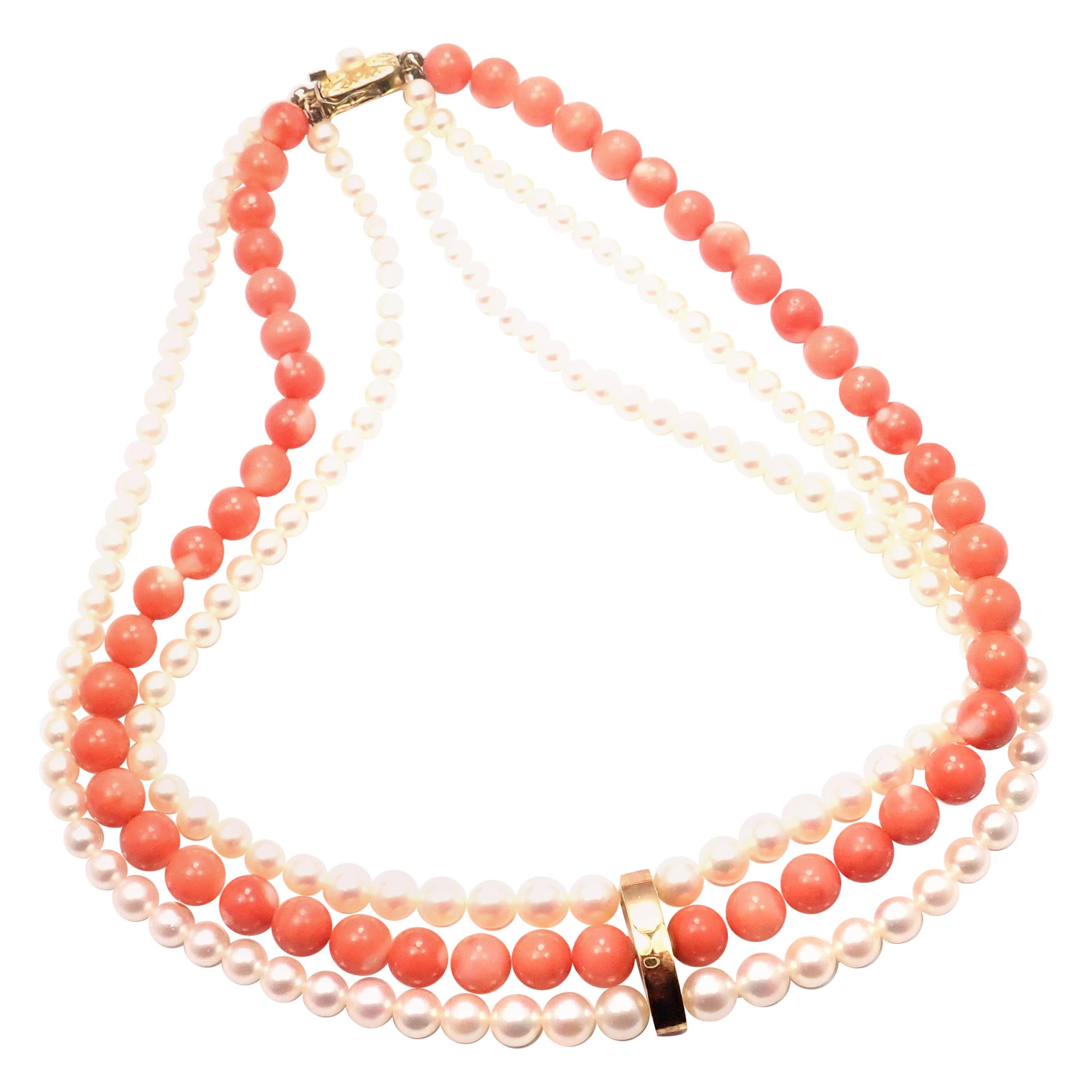 Vintage Mikimoto Three-Strand Pearl Coral Yellow Gold Bead Necklace