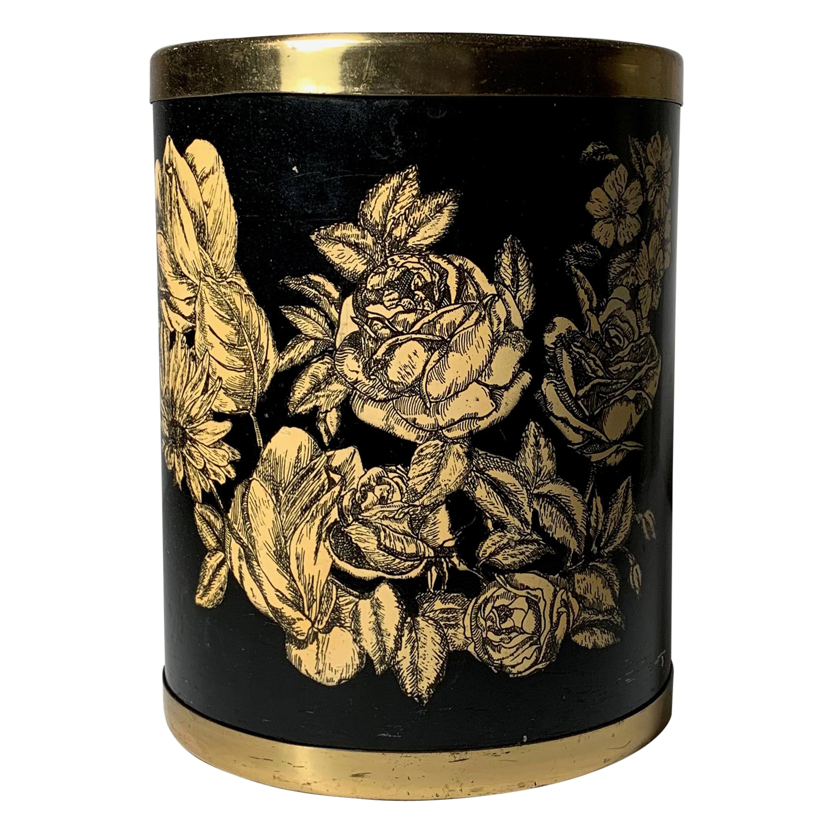 Vintage Milano Metal Wastebasket, Roses and Flowers manner of Piero
