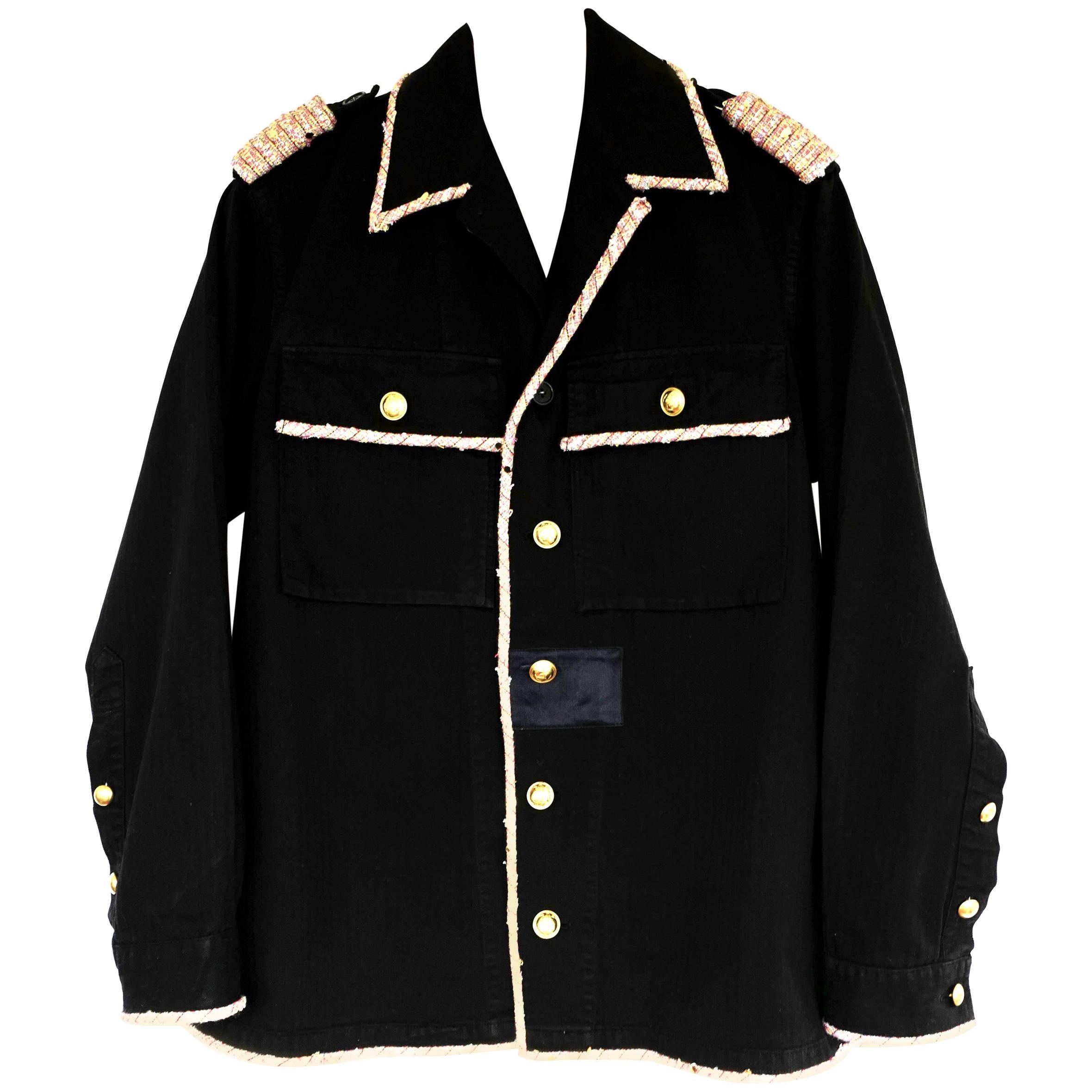 Women's Vintage Military Black Cotton Jacket Pink Gold Sequin Tweed J Dauphin