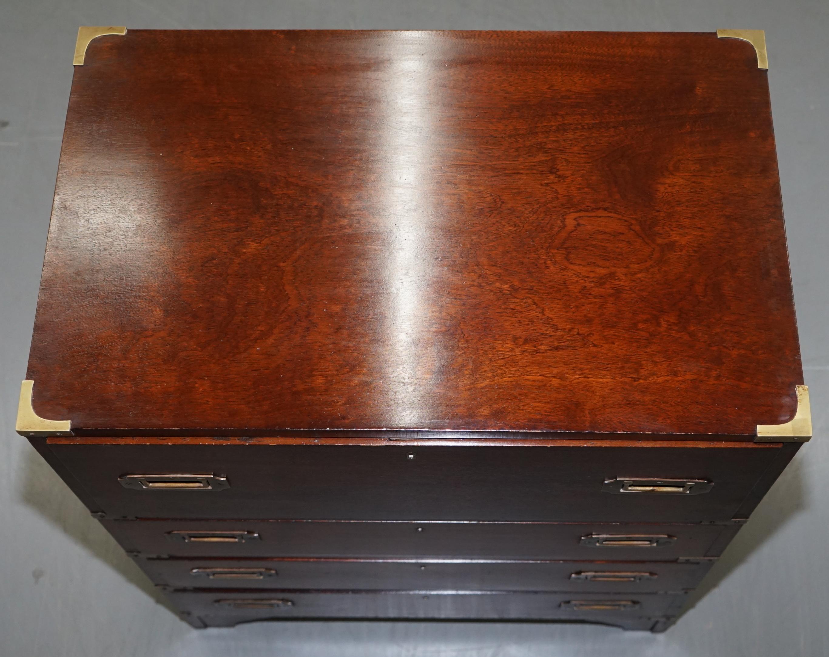 English Vintage Military Campaign Chest of Drawers, Built in Secrataire Drop Front Desk