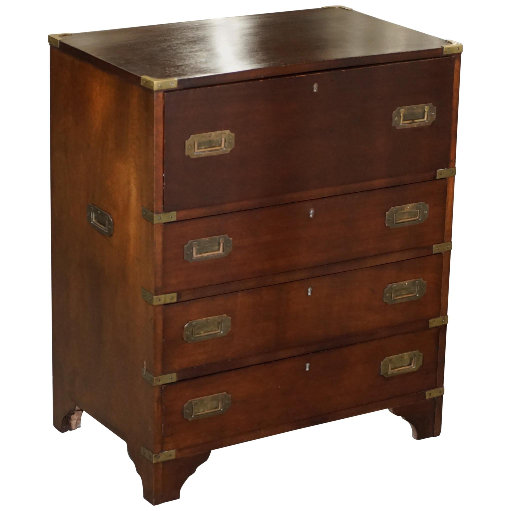 Vintage Military Campaign Chest of Drawers, Built in Secrataire Drop Front Desk