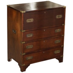 Vintage Military Campaign Chest of Drawers, Built in Secrataire Drop Front Desk