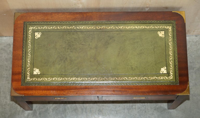 Vintage Military Campaign Hardwood & Green Leather Campaign Coffee Table For Sale 5