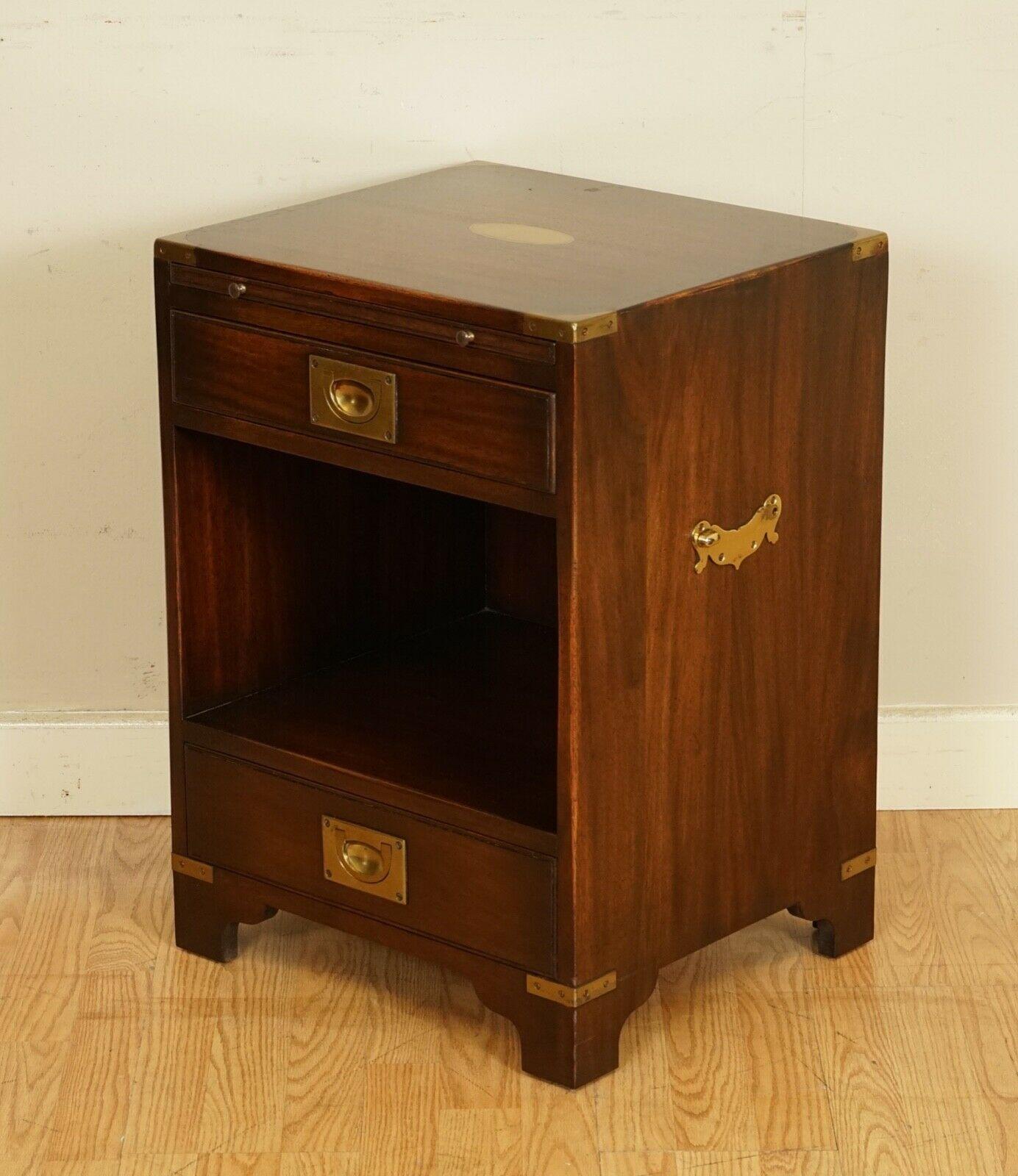 British Vintage Military Campaign Hardwood Bedside/End Table with 2 Drawers
