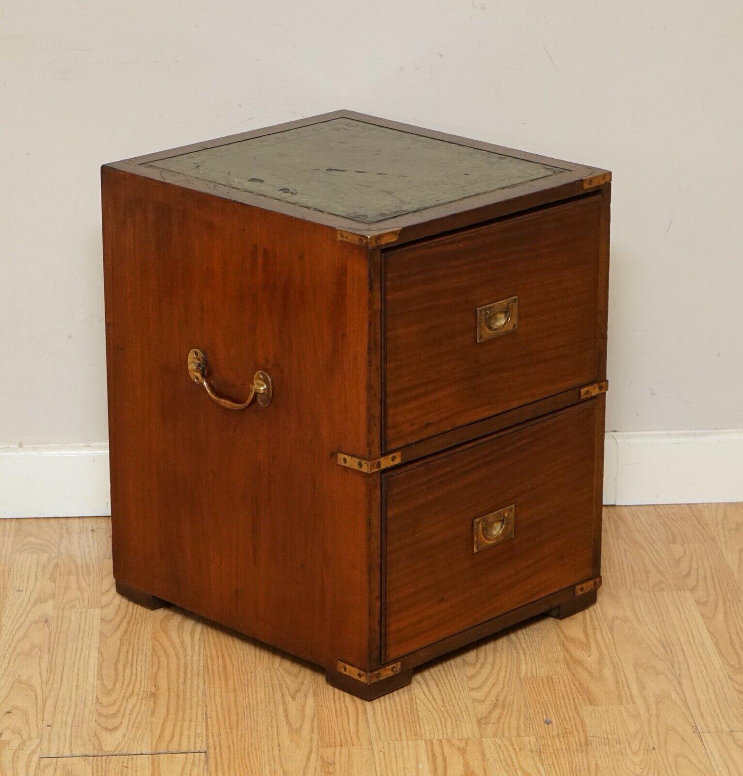 We are delighted to sell this beautiful vintage military campaign chest of drawers.

This chest can go perfectly in your bedroom as a nightstand or in your living room as a lamp or wine table.

The leather top has some imperfections, so please