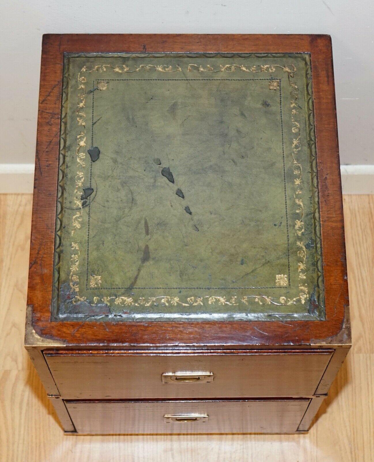 Vintage Military Campaign Hardwood  Bedside End Table with Green Leather Top 1