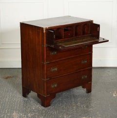 VINTAGE MILITARY CAMPAIGN SECRETAIRE CHEST OF DRAWERS WiTH AGED GREEN LEATHER